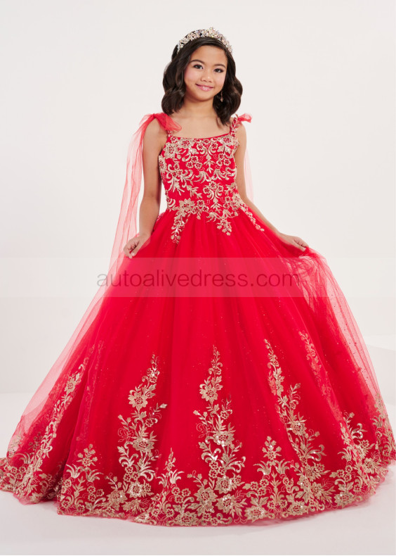 Tie Straps Gold Lace Red Glitter Tulle Fashion Flower Girl Dress Tie Straps Gold Lace Red Glitter Tulle Fashion Flower Girl Dress